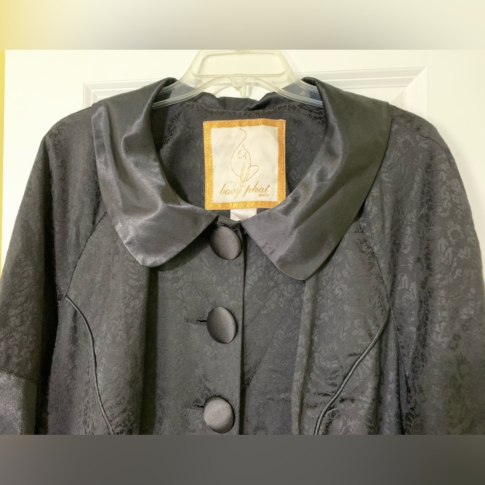 VTG Trench Duster Black Brocade Print Coat 90s Y2K Wrap Layer Goth - Picture 9 of 12